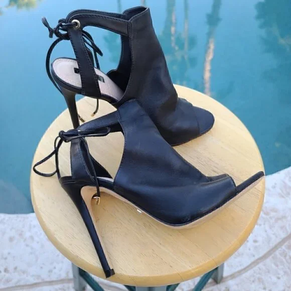 Topshop Black Leather Randy Heels Ankle Ties  US 6.5 - UK 4 - EU 37 - Picture 4 of 7